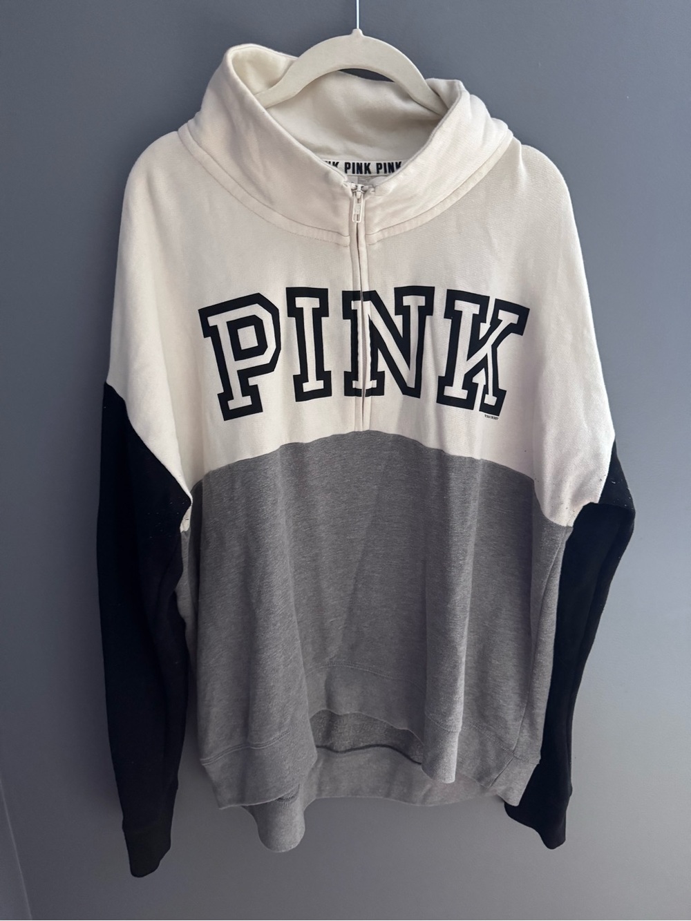 Victoria's Secret PINK Colorblock Half-Zip Hoodie in Cream, Gray & Black